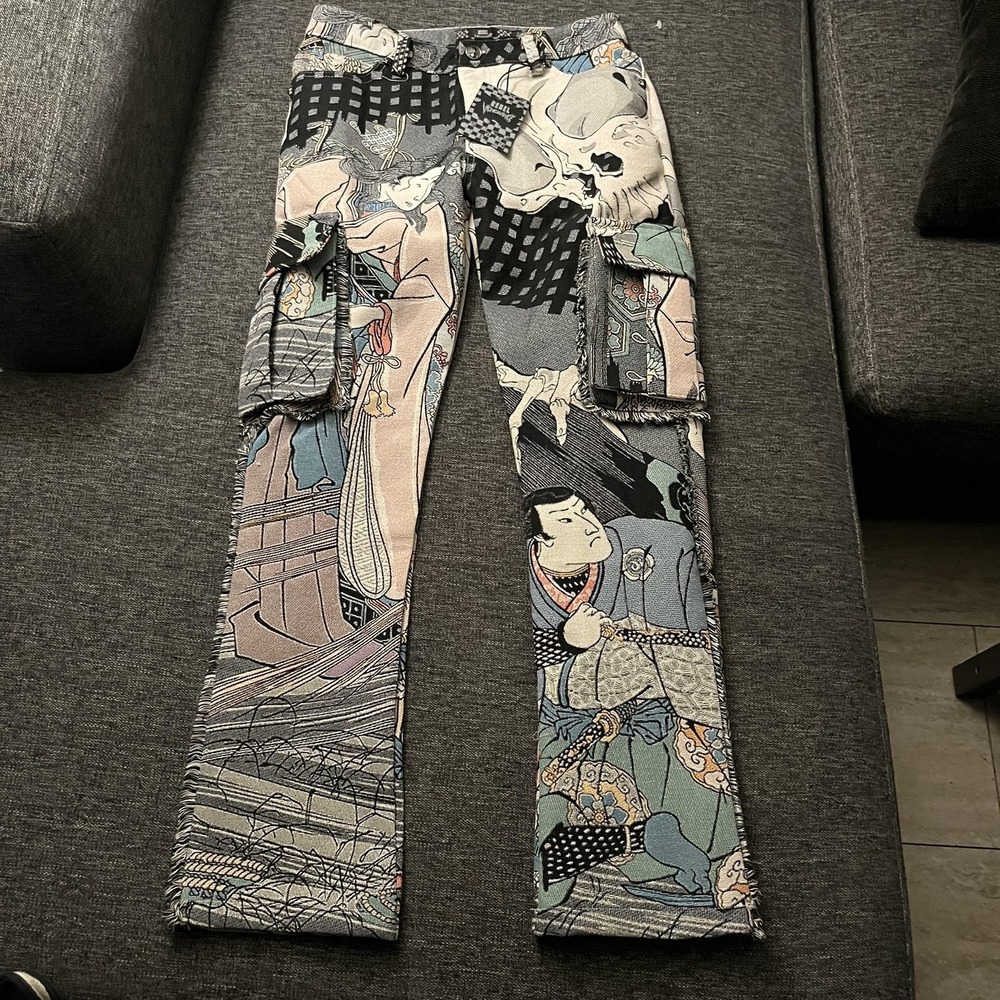 Rebel Vengeance Pants Mens 30x31 Samurai Skull Tapestry Cargo Fringe Goth Art